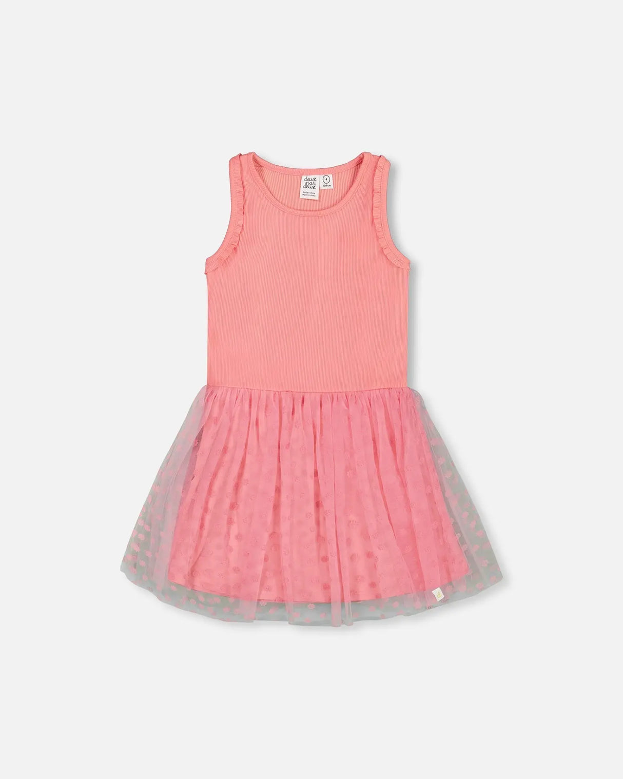 Shiny Ribbed Dress With Mesh Flocking Flowers Pink | Deux par Deux | Jenni Kidz