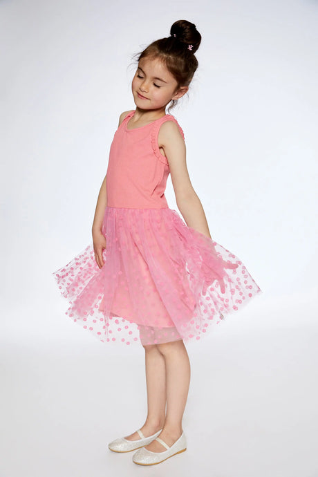 Shiny Ribbed Dress With Mesh Flocking Flowers Pink | Deux par Deux | Jenni Kidz
