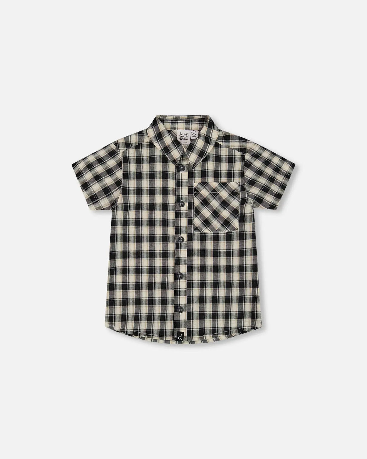 Short Sleeve Button Down Shirt Black And Beige Plaid | Deux par Deux | Jenni Kidz