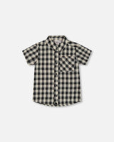 Short Sleeve Button Down Shirt Black And Beige Plaid | Deux par Deux | Jenni Kidz