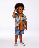 Short Sleeve Button Down Shirt Black And Beige Plaid | Deux par Deux | Jenni Kidz