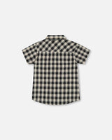 Short Sleeve Button Down Shirt Black And Beige Plaid | Deux par Deux | Jenni Kidz