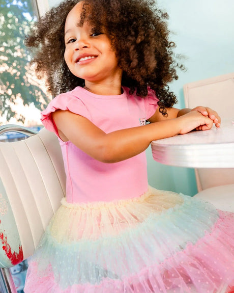 Short Sleeve Dress With Tulle Skirt Bubble Gum Pink | Deux par Deux | Jenni Kidz