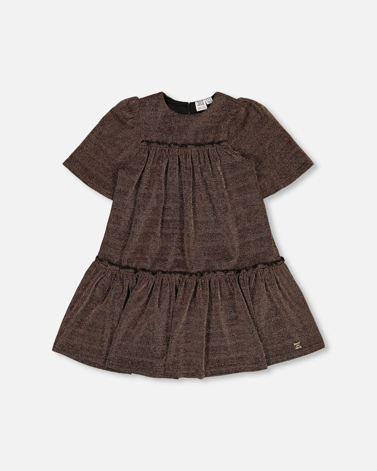 Short Sleeve Metallic Dress With Frills Golden Brown | Deux par Deux | Jenni Kidz