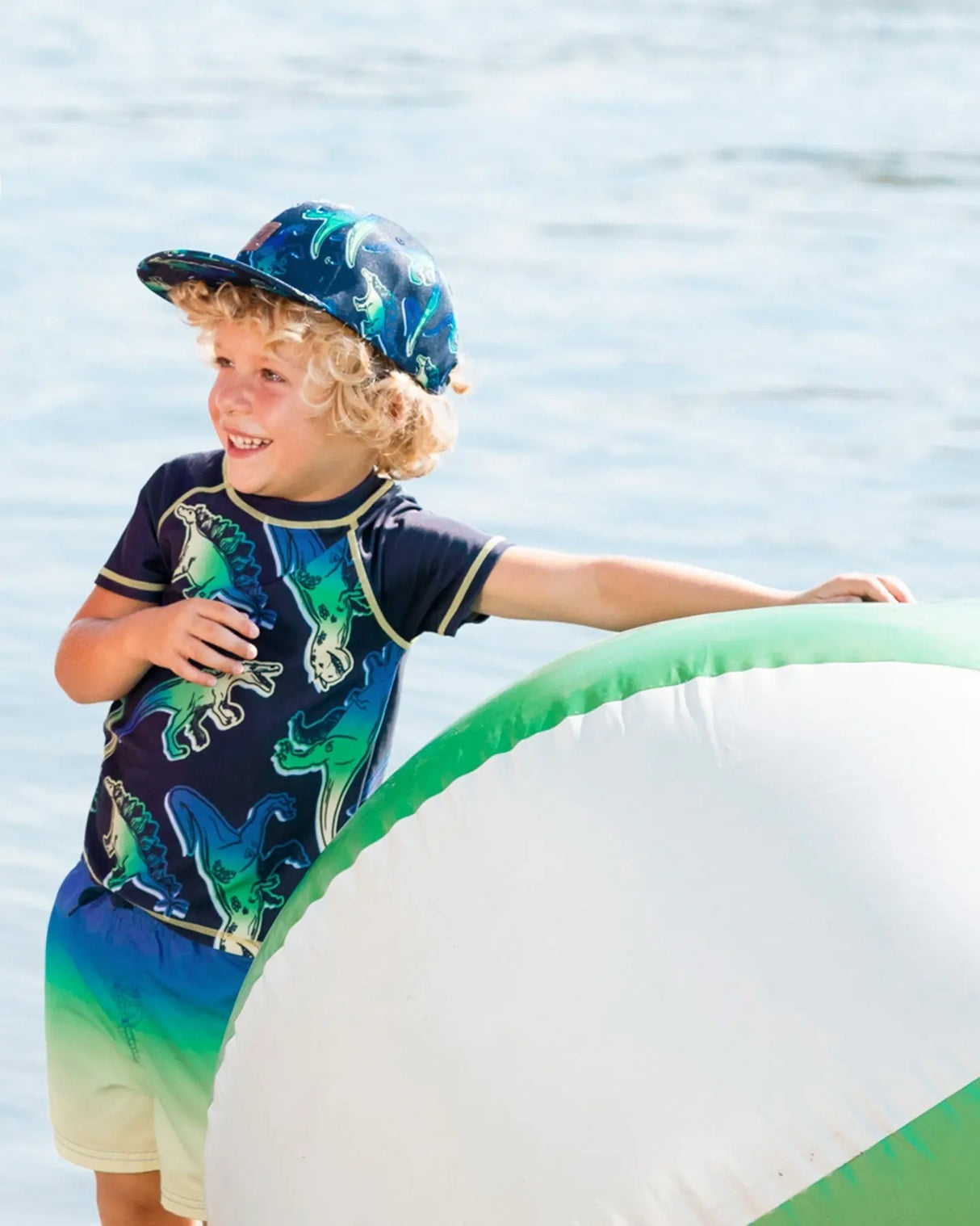 Short Sleeve Rashguard Blue And Green Dino On Navy | Deux par Deux | Jenni Kidz