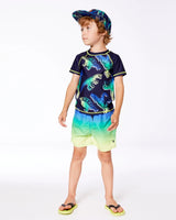 Short Sleeve Rashguard Blue And Green Dino On Navy | Deux par Deux | Jenni Kidz