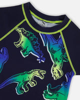 Short Sleeve Rashguard Blue And Green Dino On Navy | Deux par Deux | Jenni Kidz