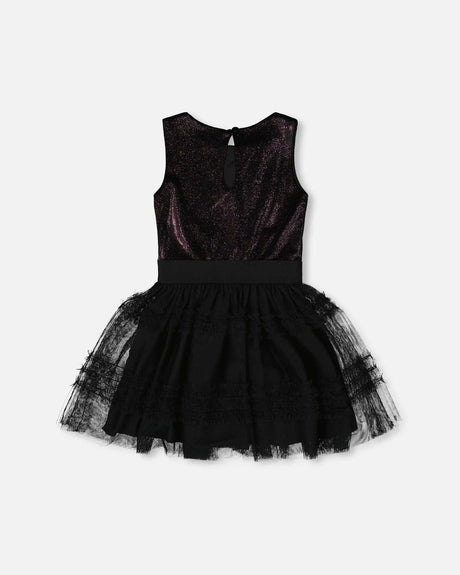 Sleeveless Bi-Material Velour And Mesh Dress Black | Deux par Deux | Jenni Kidz
