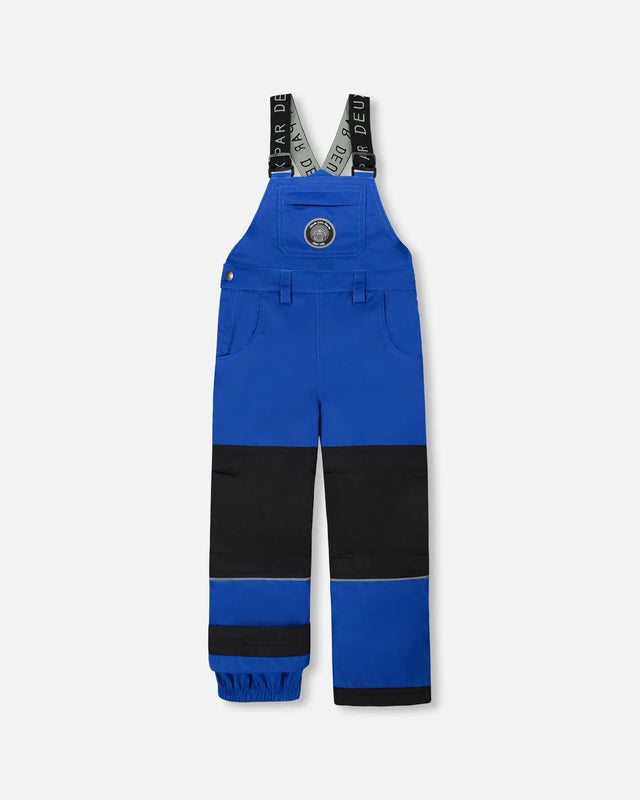 Flat lay of boys Solid Blue snow bib overall with reinforced knees.