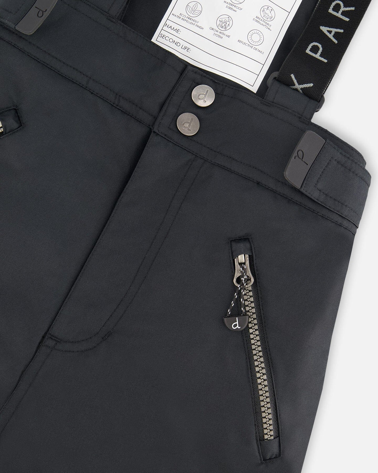 Closeup of pocket zip and suspenders, Cordura panel detail.