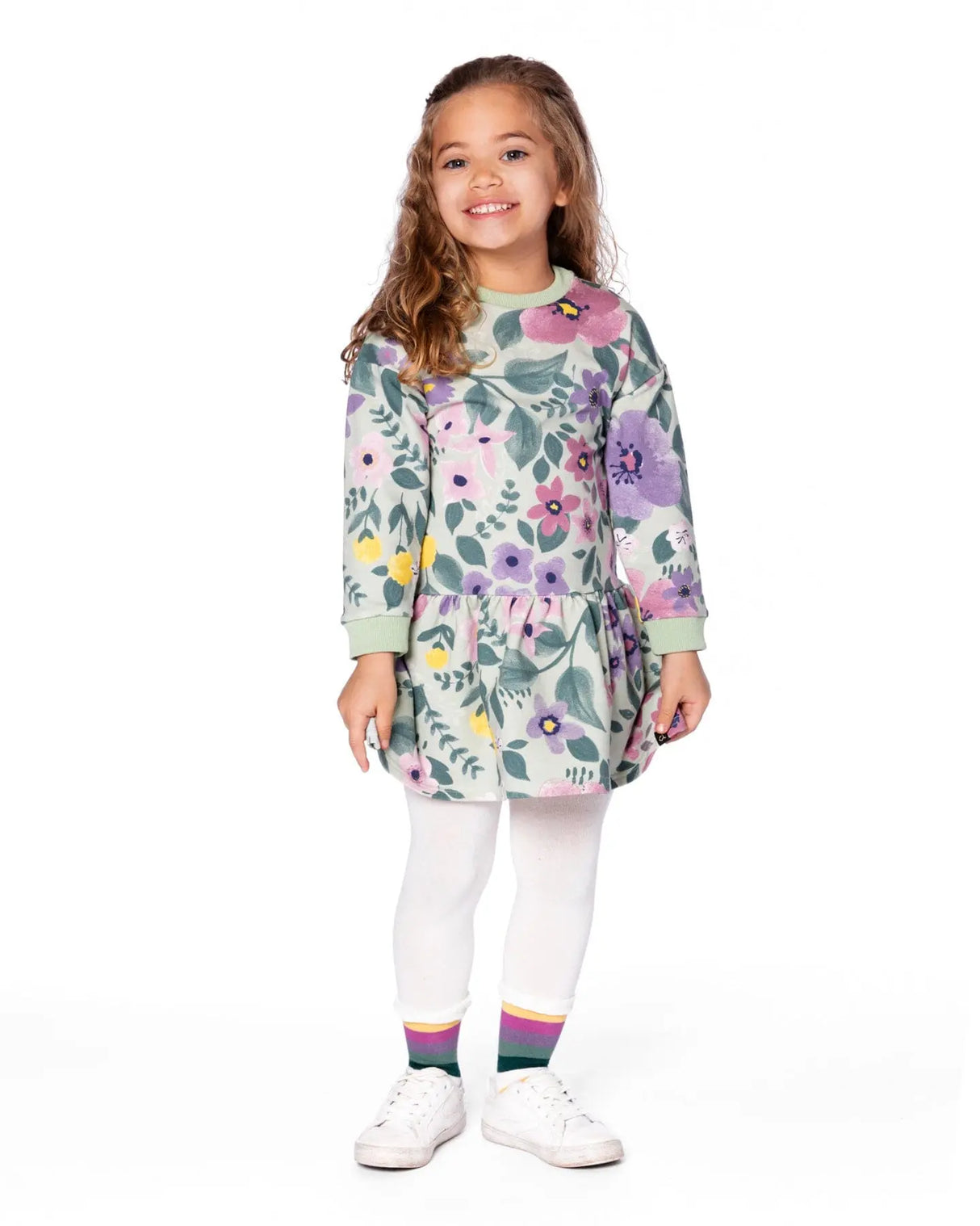 Stretch Fleece Dress Sage Floral | Deux par Deux | Jenni Kidz