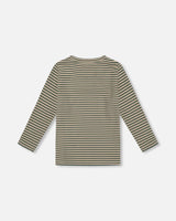 Super Soft Striped T-Shirt With Print Green And Beige | Deux par Deux | Jenni Kidz