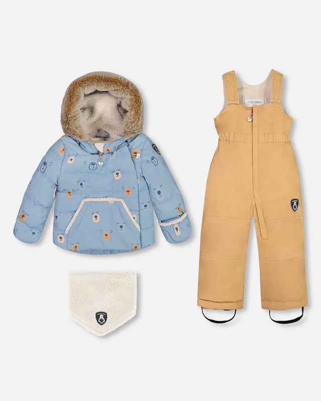 Two Piece Baby Snowsuit Blue Printed Bear Face And Doe | Deux par Deux | Jenni Kidz