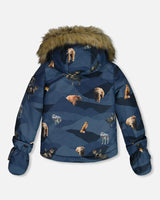 Two Piece Baby Snowsuit Ochre And Navy Printed Mountains Animals | Deux par Deux | Jenni Kidz