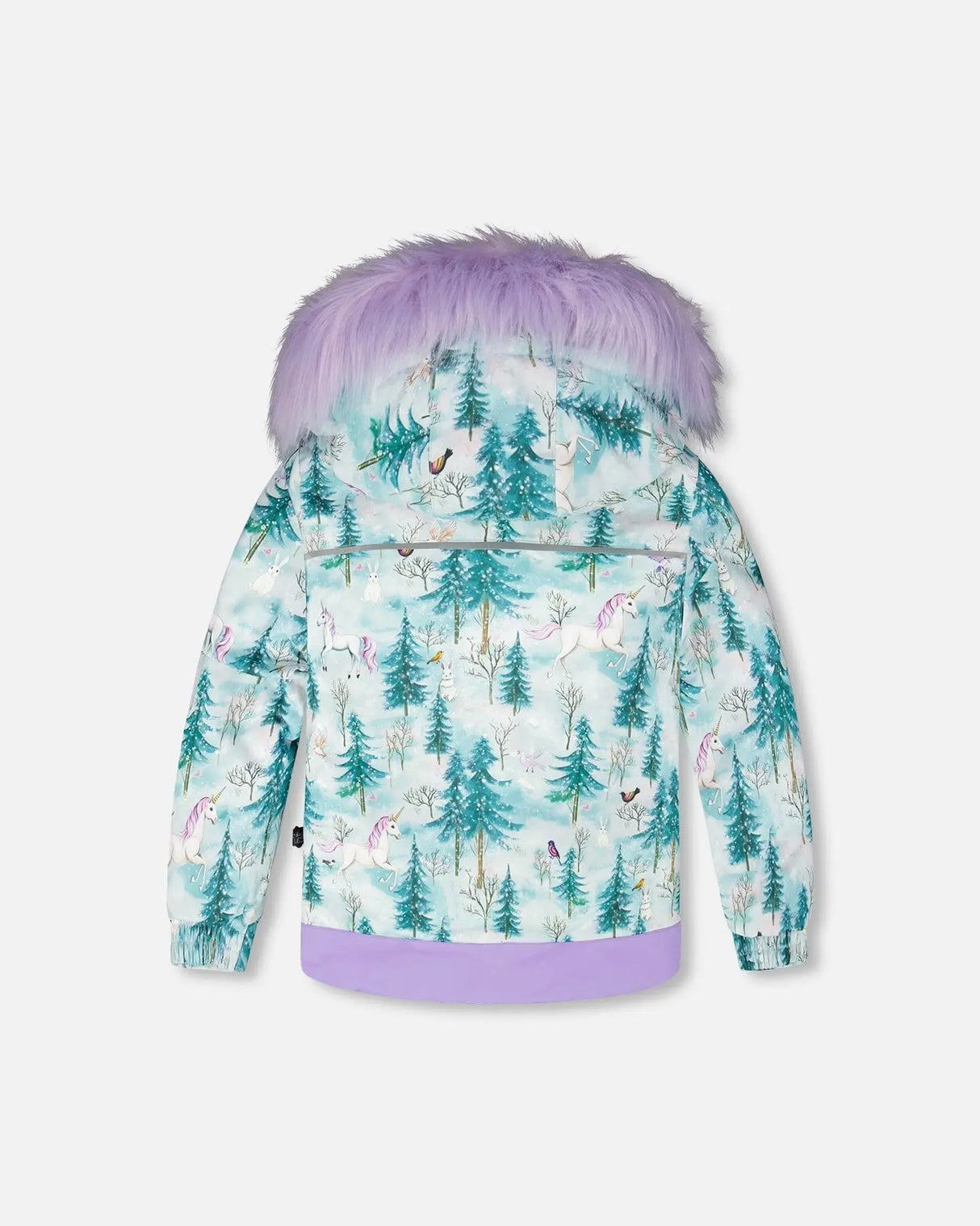 Back of Deux Par Deux Discover jacket in lavender with detachable faux-fur hood and grow sleeves
