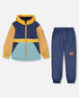 Two Piece Hooded Coat And Pant Mid-Season Set Colorblock Navy, Blue And Yellow | Deux par Deux | Jenni Kidz