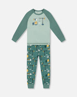 Two-Piece Organic Cotton Pajama Set Teal Construction Print | Deux par Deux | Jenni Kidz
