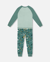 Two-Piece Organic Cotton Pajama Set Teal Construction Print | Deux par Deux | Jenni Kidz