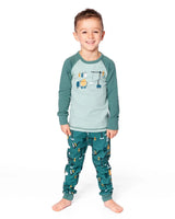 Two-Piece Organic Cotton Pajama Set Teal Construction Print | Deux par Deux | Jenni Kidz