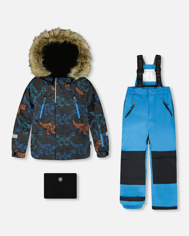 Boys snowsuit two-piece ski suit with printed jacket + blue snow pants, waterproof insulated −30C