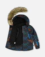 Boys snowboard suit printed hood with faux fur trim, breathable waterproof shell