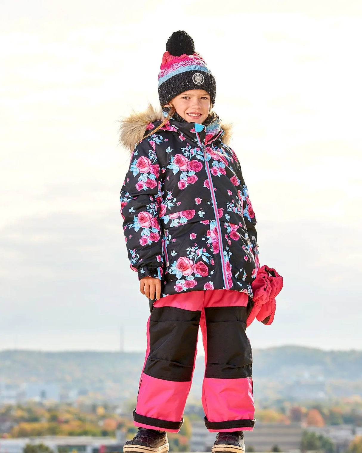 Two Piece Snowsuit Black Printed Rose With Fuschia Pink | Deux par Deux | Jenni Kidz