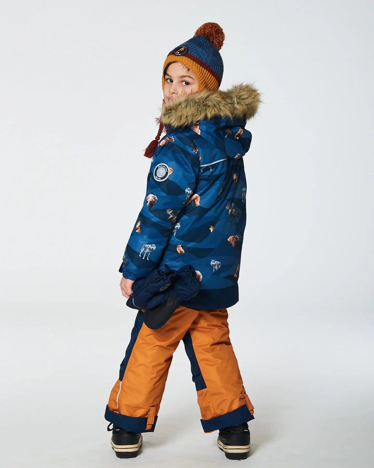 Two Piece Snowsuit Ochre And Navy Printed Mountains Animals | Deux par Deux | Jenni Kidz