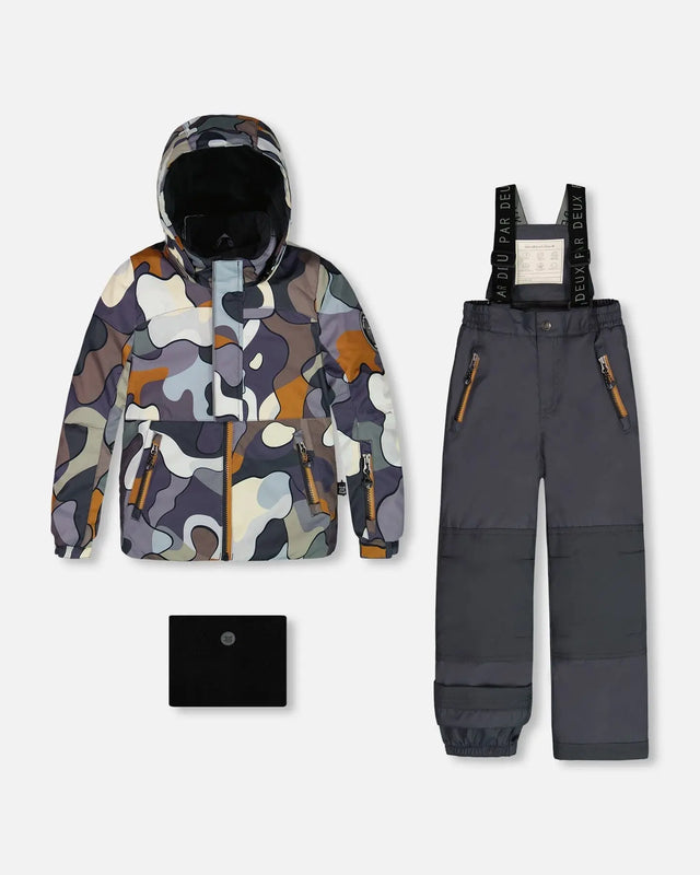 Two Piece Snowsuit Solid Pant And Print Jacket Dark Gray Camo | Deux par Deux | Jenni Kidz