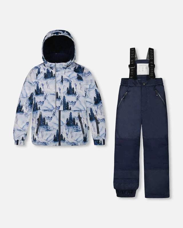 Two Piece Snowsuit Watercolor Pine Print And Solid Navy Pant | Deux par Deux | Jenni Kidz