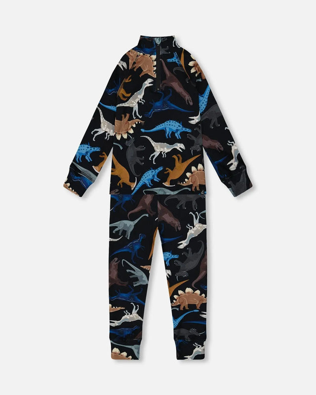 Two-Piece Thermal Underwear Seat Black Dinosaur Print | Deux par Deux | Jenni Kidz
