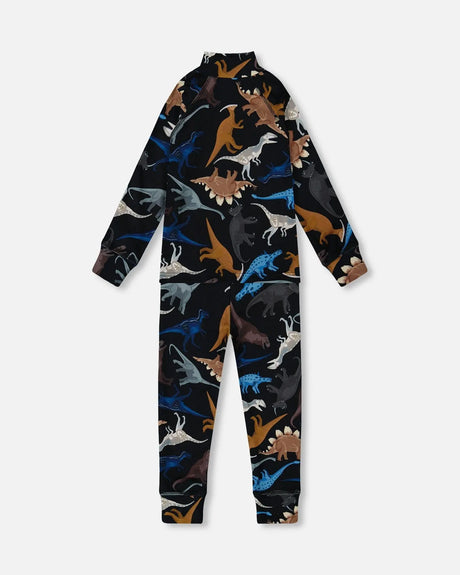 Two-Piece Thermal Underwear Seat Black Dinosaur Print | Deux par Deux | Jenni Kidz