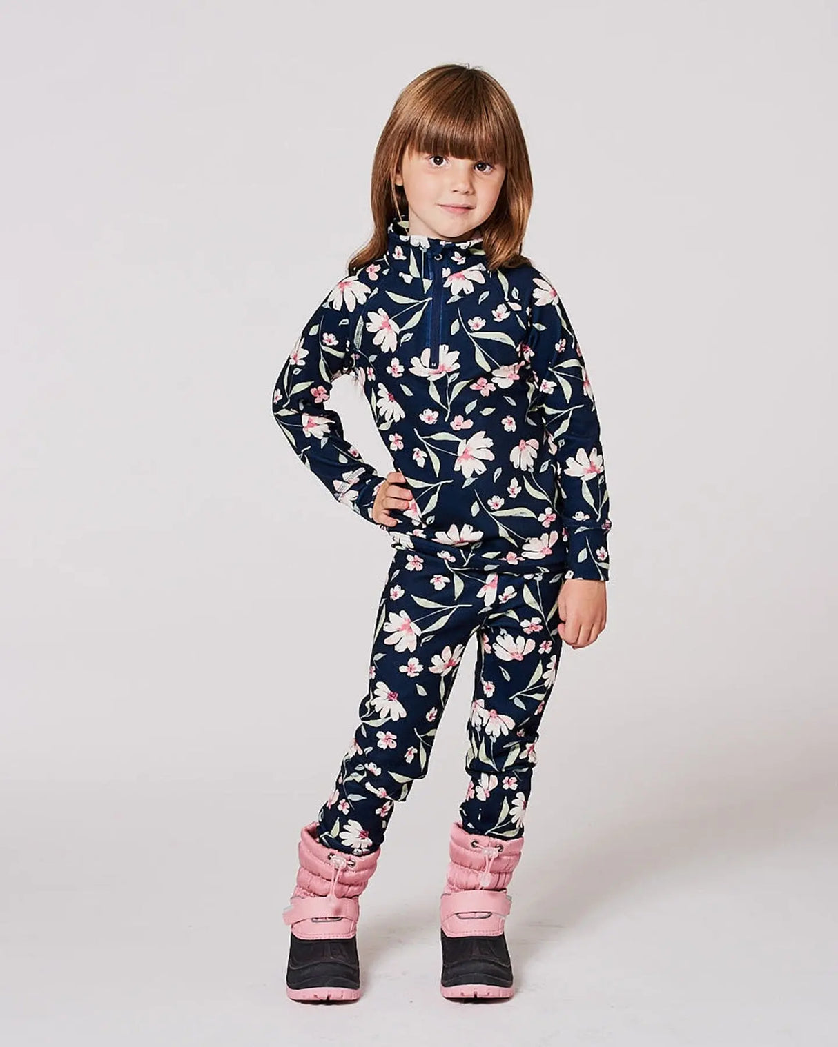 Two-Piece Thermal Underwear Set Navy Flower Print | Deux par Deux | Jenni Kidz