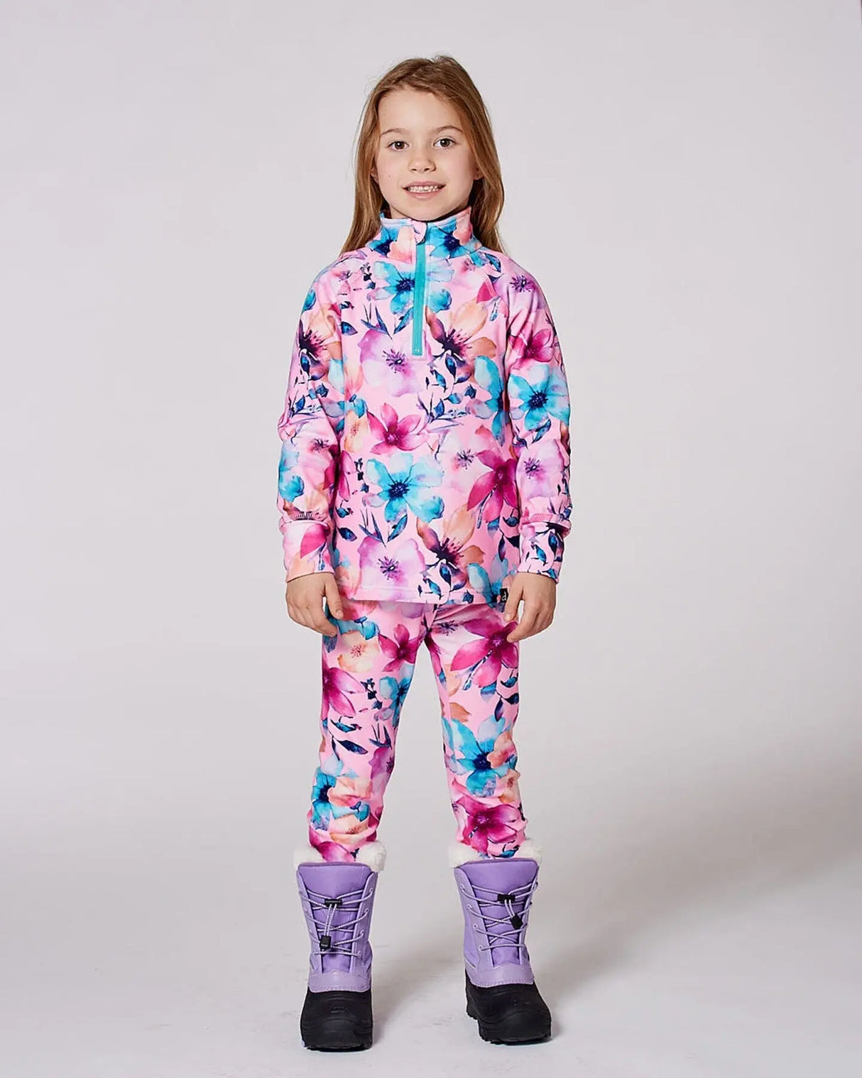 Two-Piece Thermal Underwear Set Pink Watercolor Flower Print | Deux par Deux | Jenni Kidz