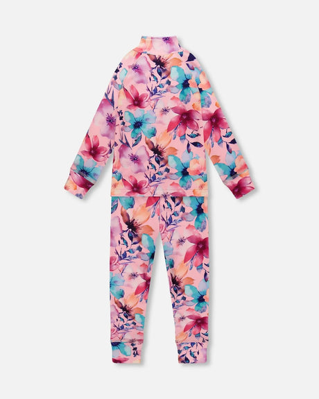 Two-Piece Thermal Underwear Set Pink Watercolor Flower Print | Deux par Deux | Jenni Kidz