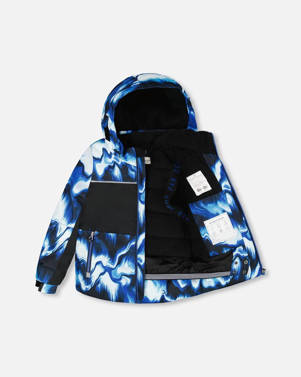 Back view of blue print jacket showing articulated sleeves and fleece lining.