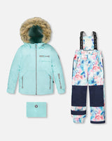 Girls two-piece ski suit — Blue Flower jacket with mint pants, front flat lay.