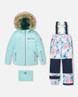 Girls two-piece ski suit — Blue Flower jacket with mint pants, front flat lay.