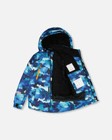 Inside view of breathable kids winter suit jacket with fleece lining and pass pocket.