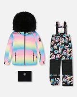 Girls two-piece ski suit — rainbow Smiley Face jacket with black pants, waterproof to -30C.