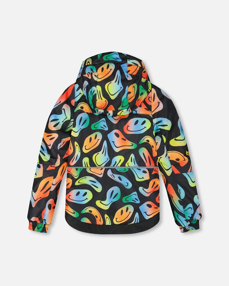 Back view of allover Smiley Face jacket with faux-fur hood — two-piece ski suit.