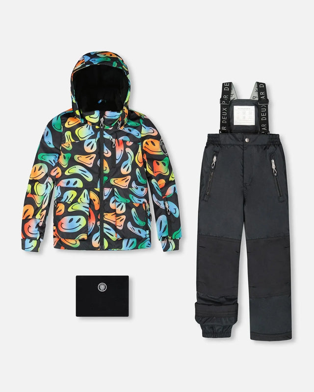 Boys two-piece ski suit — Smiley Face print jacket with black pants, waterproof to −30C.