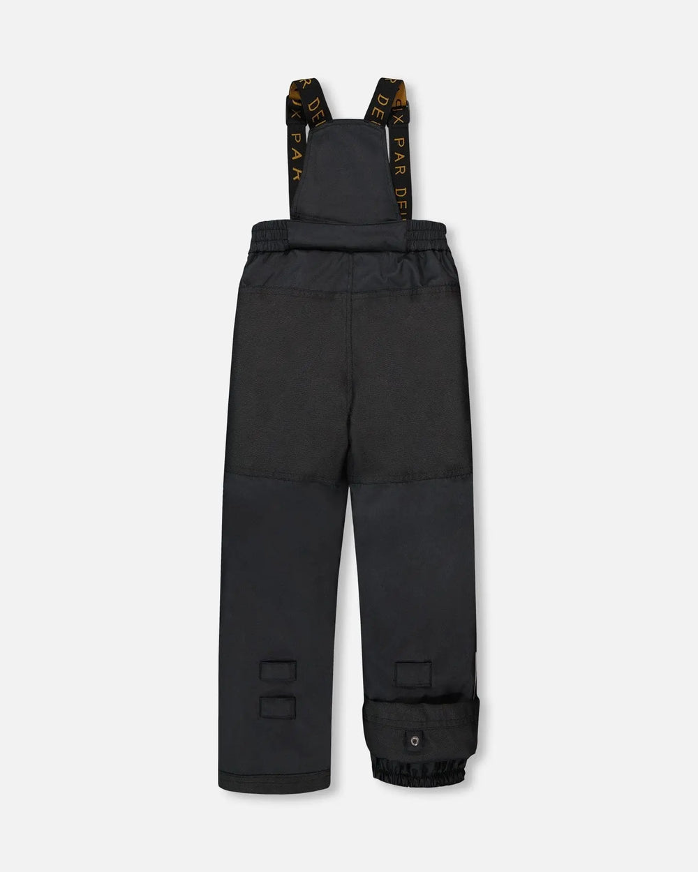 Black bib pants with Cordura knees and ankle gaiters, two-piece ski suit.