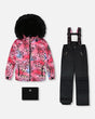 Deux Par Deux girls two-piece snowsuit multicolor jacket and black bib pants, winter ski suit set for kids in Canada