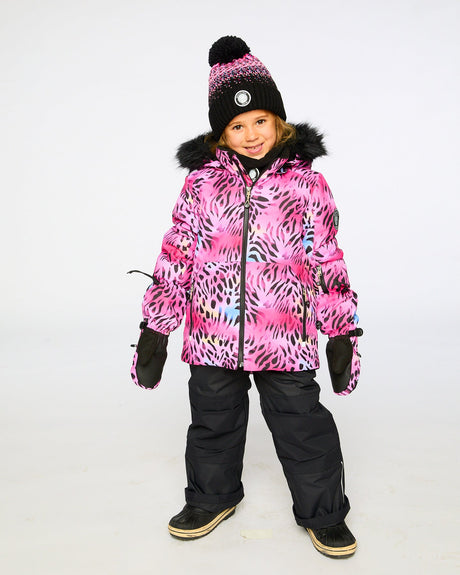 Toddler girls snowsuit set with multicolor print jacket and solid black ski pants, warm waterproof winter suit US & Canada