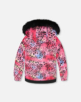 Girls winter snowsuit jacket multicolor print, part of Deux Par Deux two-piece ski set with reinforced pants