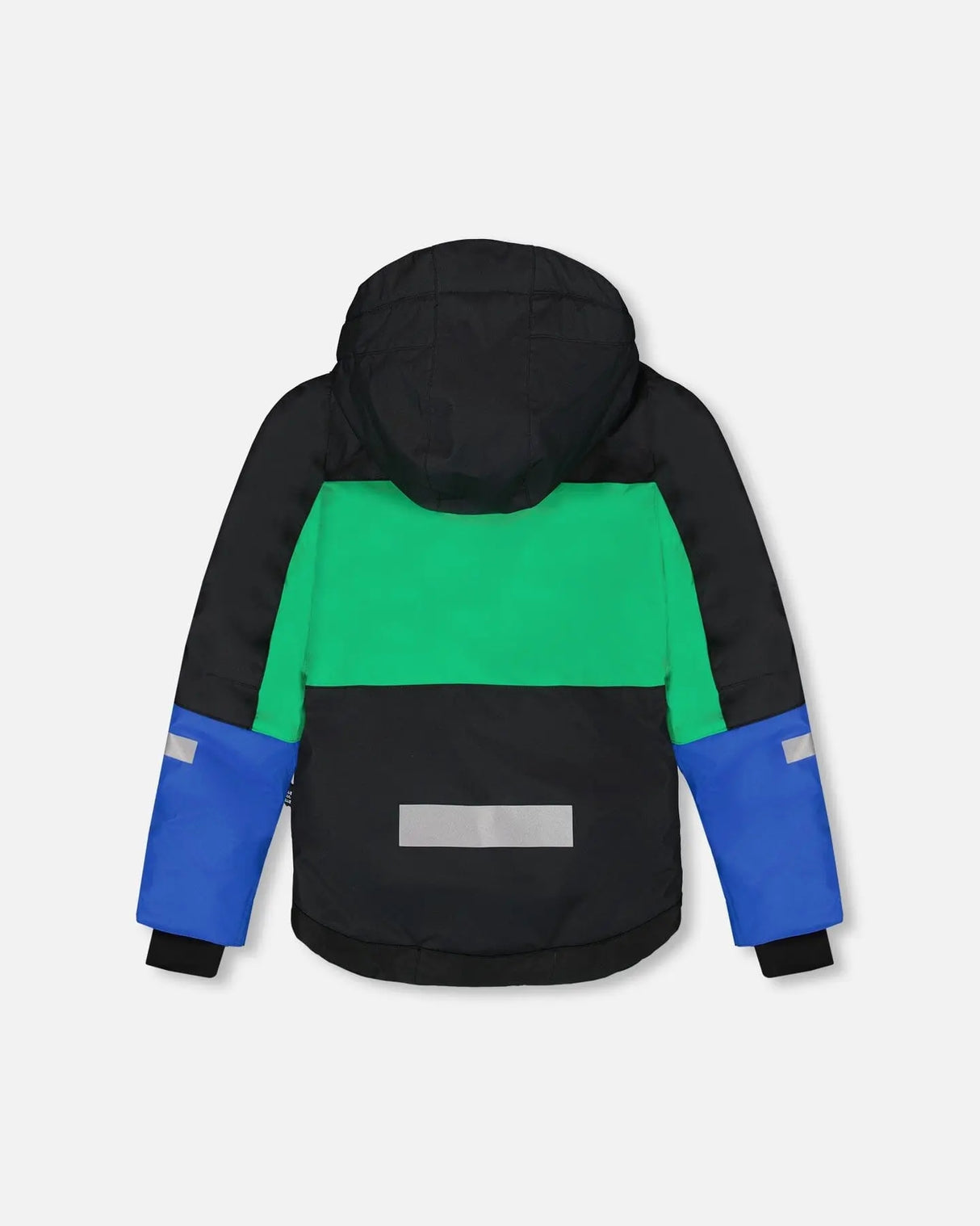 Back view of jacket with fleece lining and pass pocket, kids winter suit.