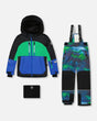Boys TEKNIK two-piece ski suit — Aurora Borealis jacket with black pants, PrimaLoft warmth to −30C.