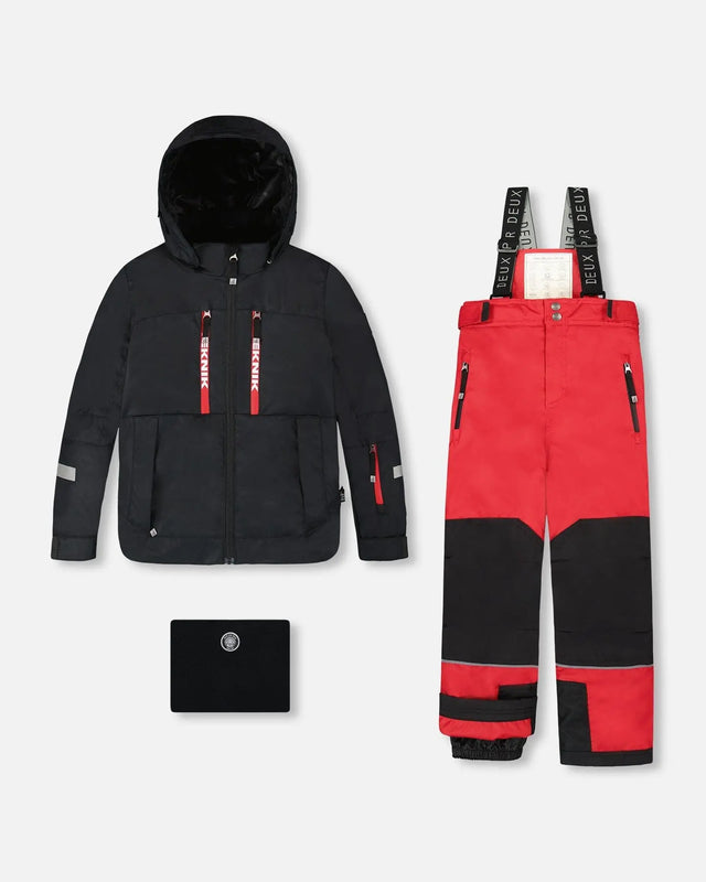 Red and black Deux par Deux boys snowsuit flat lay with jacket and snow pants