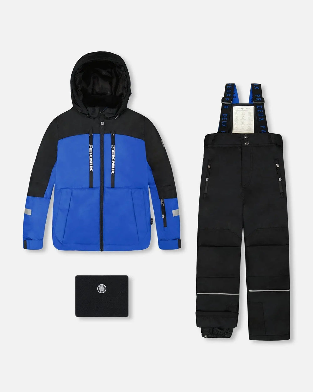 Boys TEKNIK two-piece ski suit — royal blue jacket with black pants, PrimaLoft warmth to −30C.