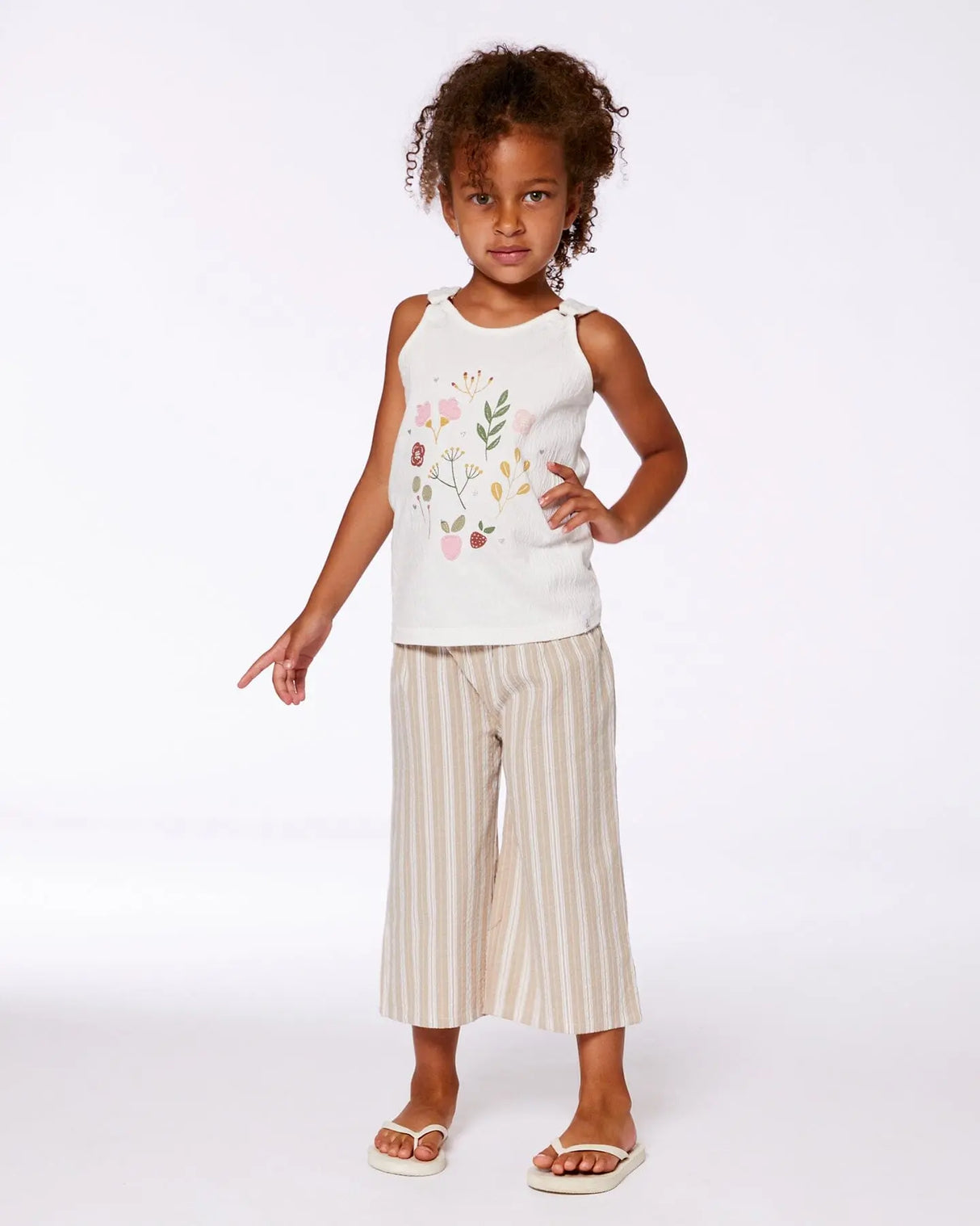 Wide Leg Capri Linen Pant White And Sage Striped | Deux par Deux | Jenni Kidz